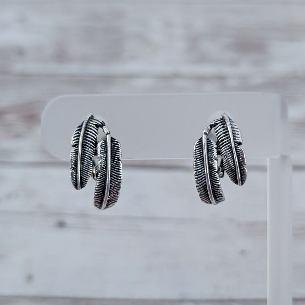Vintage Clip On Earrings Silver Tone Feather Duo
